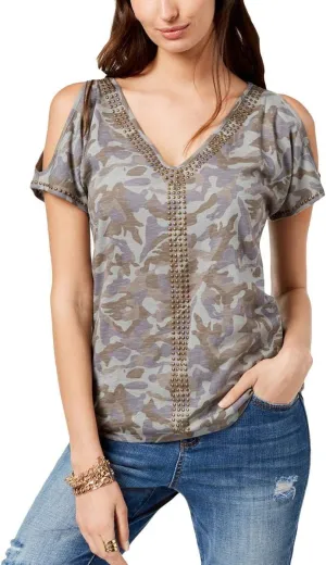 INC International Concepts Cotton Camouflage Cold-Shoulder T-Shirt (Glam Camo, M)