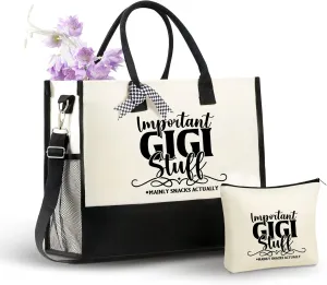InnoBeta Gigi Gifts Canvas Tote Bag, Important Gigi Stuff Bag with Top Zipper Closure and Shoulder Strap for Birthday, Mother's Day, Christmas