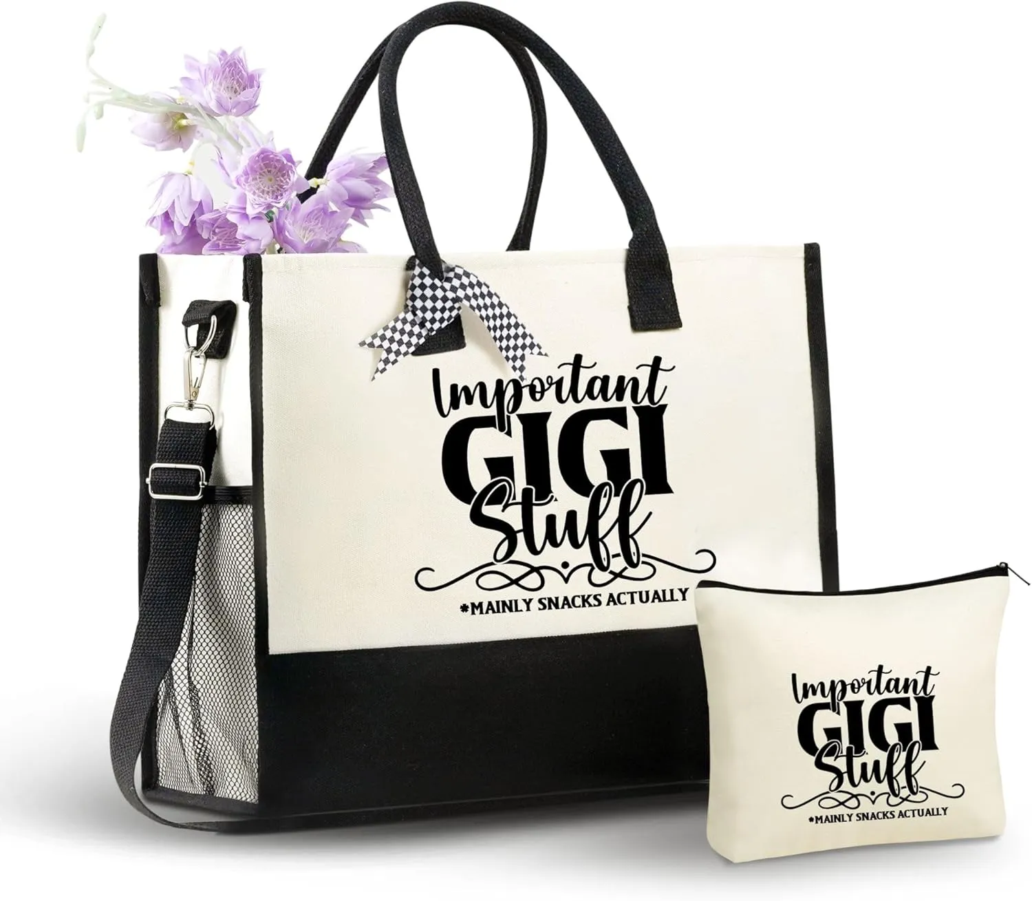InnoBeta Gigi Gifts Canvas Tote Bag, Important Gigi Stuff Bag with Top Zipper Closure and Shoulder Strap for Birthday, Mother's Day, Christmas