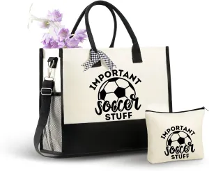 InnoBeta Soccer Gifts Canvas Tote Bag, Tote Bag with Top Zipper Closure and Shoulder Strap for Soccer Lover