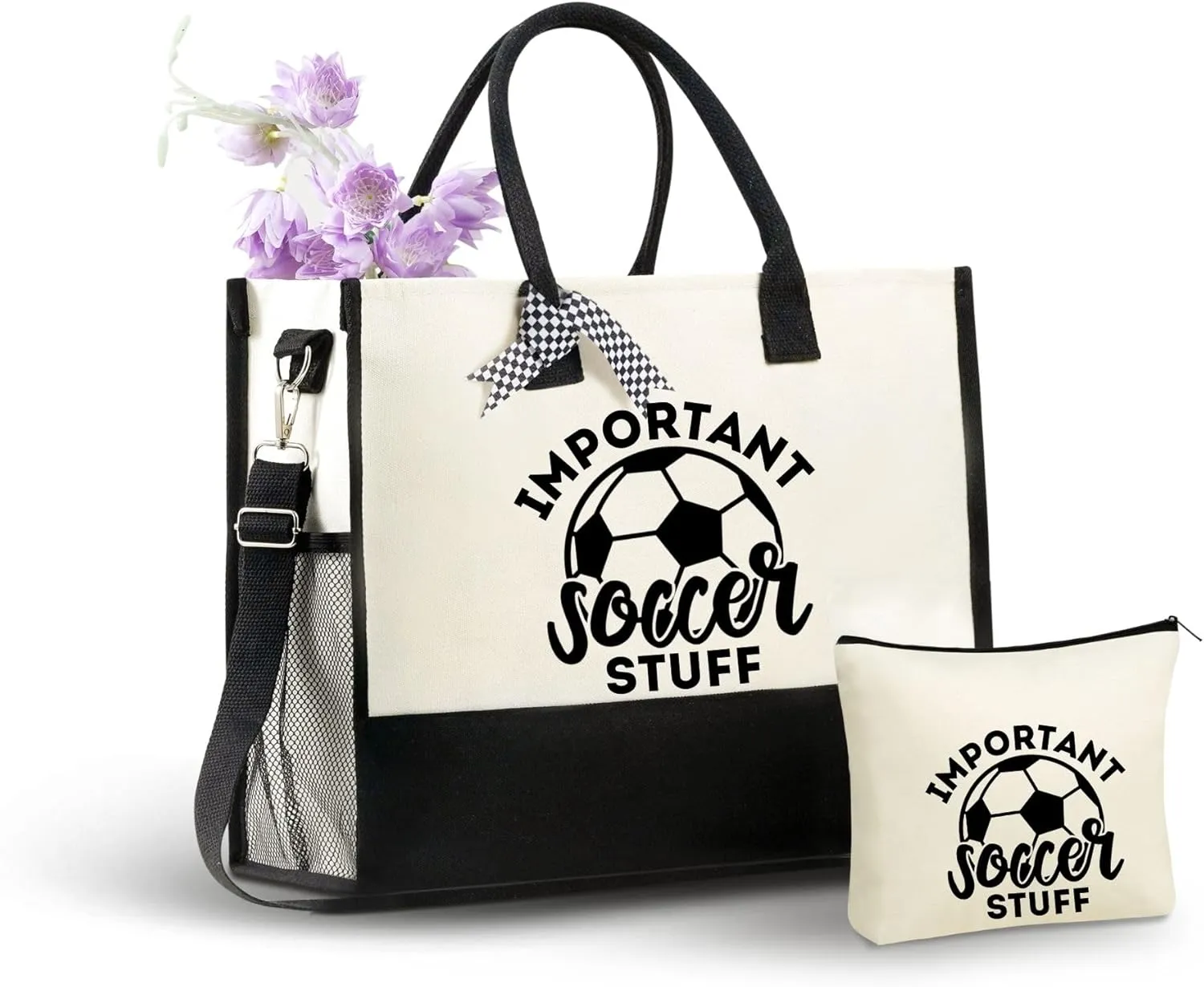 InnoBeta Soccer Gifts Canvas Tote Bag, Tote Bag with Top Zipper Closure and Shoulder Strap for Soccer Lover