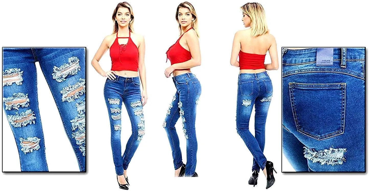 Jack David Rue21 Juniors Plus Womens Army Camouflage/Blue Denim Jeans Stretch Skinny Ripped Distressed Jean Pants