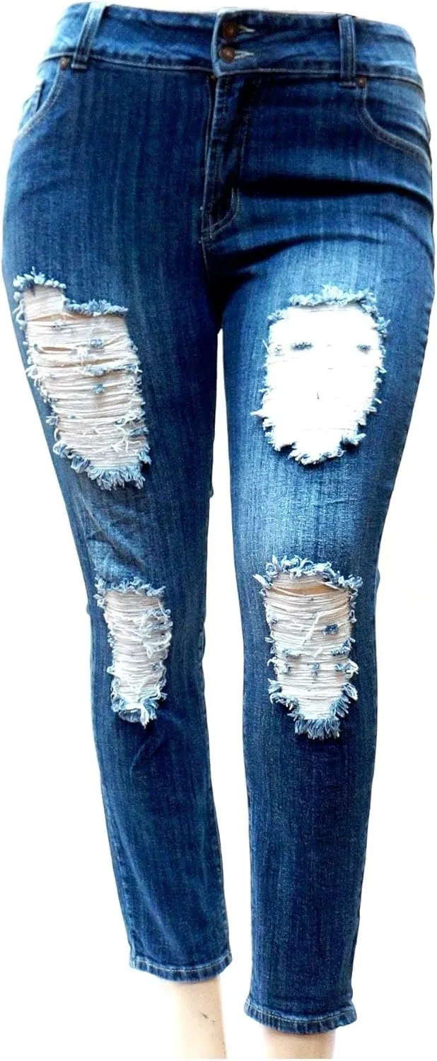 Jack David Womens Plus Size Denim Skinny Jeans Destroy Stretch Ripped Distressed Pants