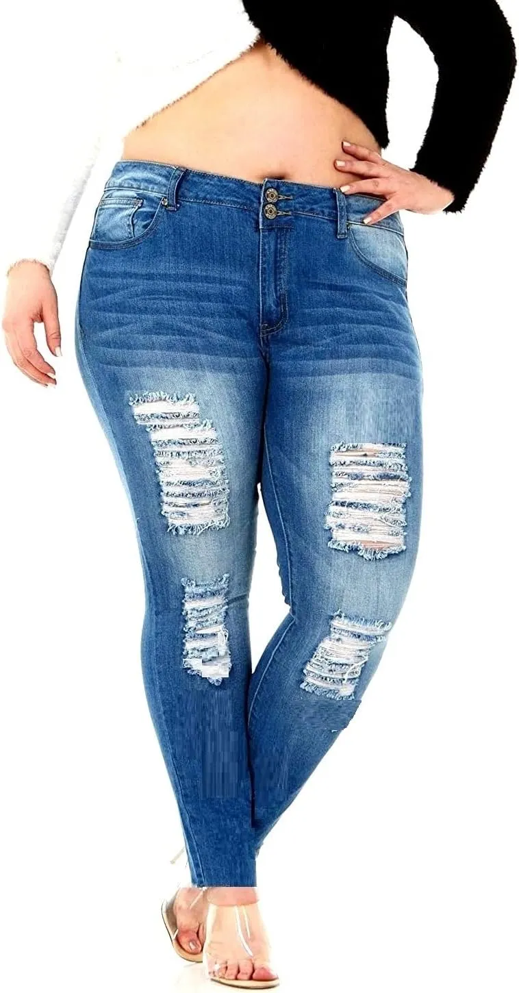 Jack David Womens Plus Size Denim Skinny Jeans Destroy Stretch Ripped Distressed Pants