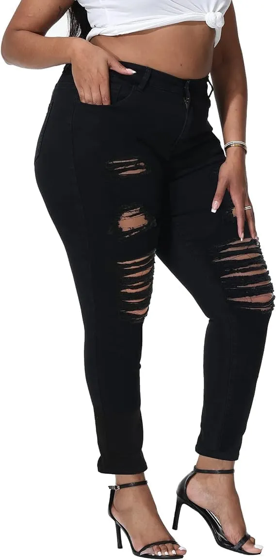 Jack David Womens Plus Size Denim Skinny Jeans Destroy Stretch Ripped Distressed Pants