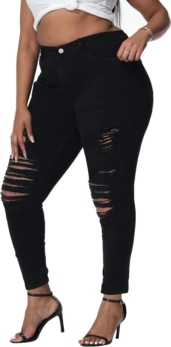 Jack David Womens Plus Size Denim Skinny Jeans Destroy Stretch Ripped Distressed Pants
