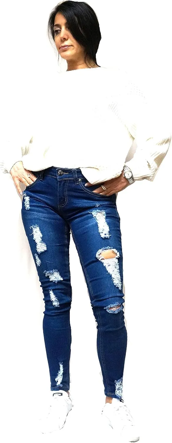 Jack David/Sweet Look Juniors Womens Blue Denim Jeans Destroy Skinny Ripd Distressed Pants