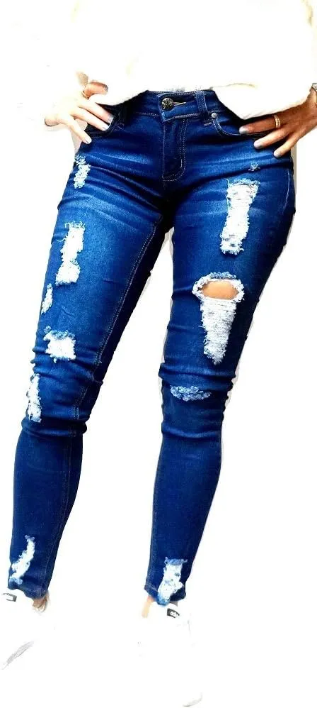 Jack David/Sweet Look Juniors Womens Blue Denim Jeans Destroy Skinny Ripd Distressed Pants