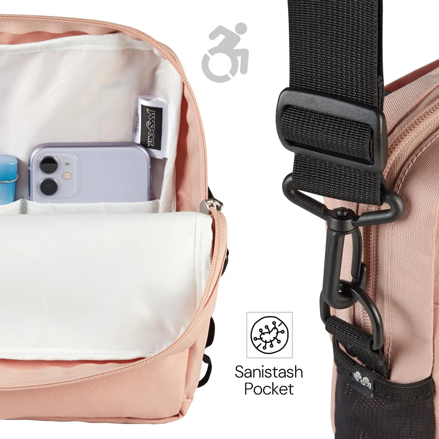 JanSport Central Adaptive Accessory Bag – Wheelchair & Walker Compatible, Versatile Carry Options, Tuck-Away Adjustable Loops, SaniStash Pocket for Easy Access, Red/Multi Hippie Days