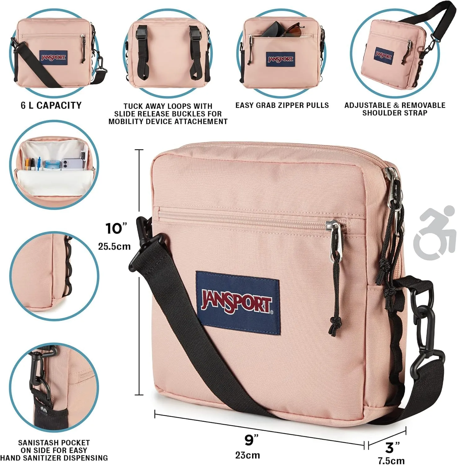 JanSport Central Adaptive Accessory Bag – Wheelchair & Walker Compatible, Versatile Carry Options, Tuck-Away Adjustable Loops, SaniStash Pocket for Easy Access, Red/Multi Hippie Days