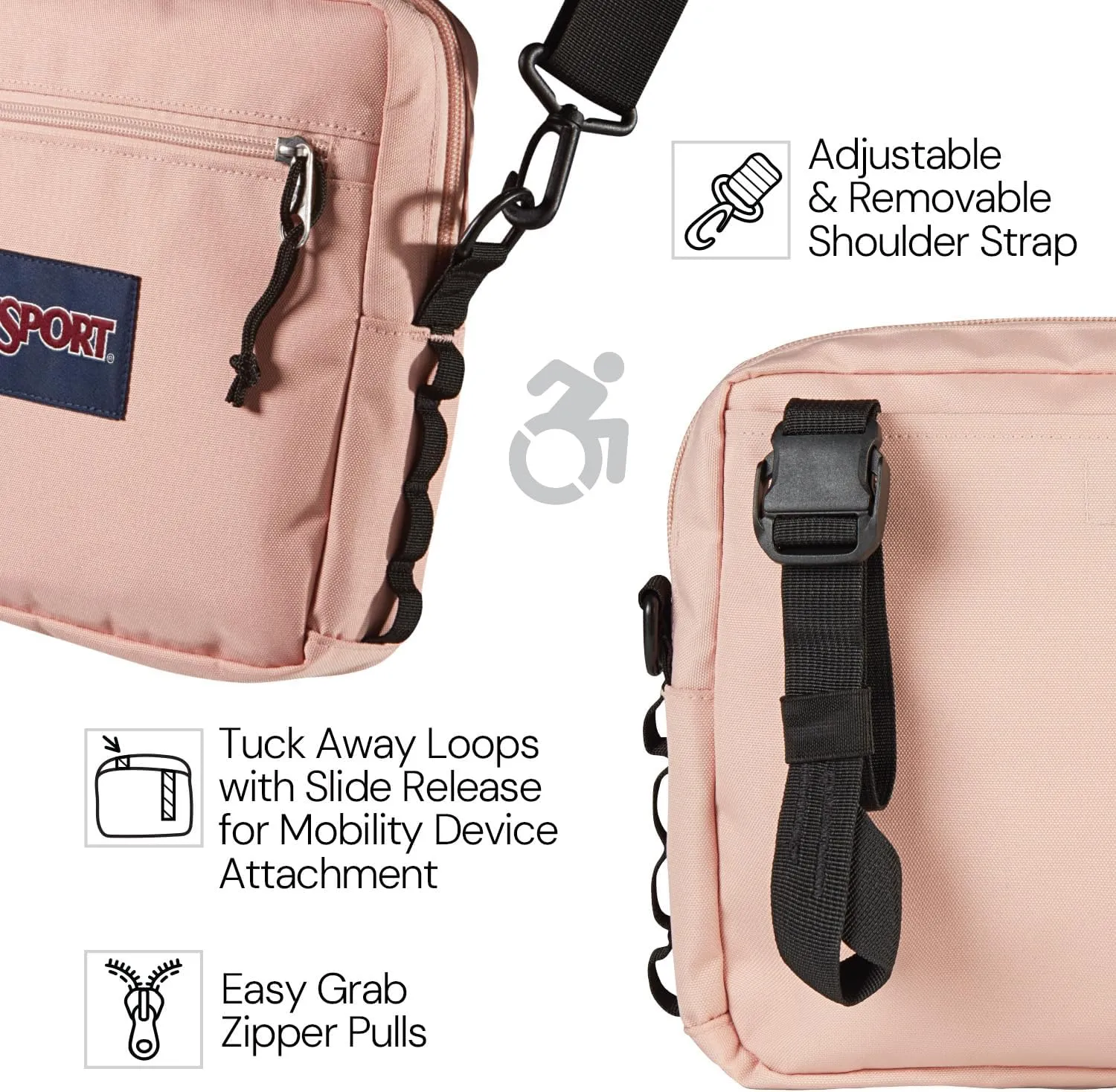 JanSport Central Adaptive Accessory Bag – Wheelchair & Walker Compatible, Versatile Carry Options, Tuck-Away Adjustable Loops, SaniStash Pocket for Easy Access, Red/Multi Hippie Days