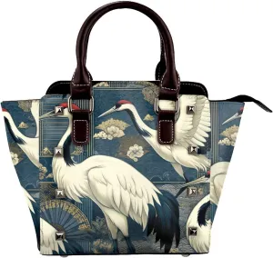 Japan-Cranes-Good-Luck Pu Leather Crossbody Studded Bag, Fashionable Shoulder Handbag With Detachable Shoulder Strap