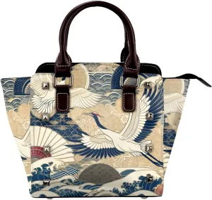 Japanese-Cranes-Longevity-Luck Pu Leather Crossbody Studded Bag, Fashionable Shoulder Handbag With Detachable Shoulder Strap