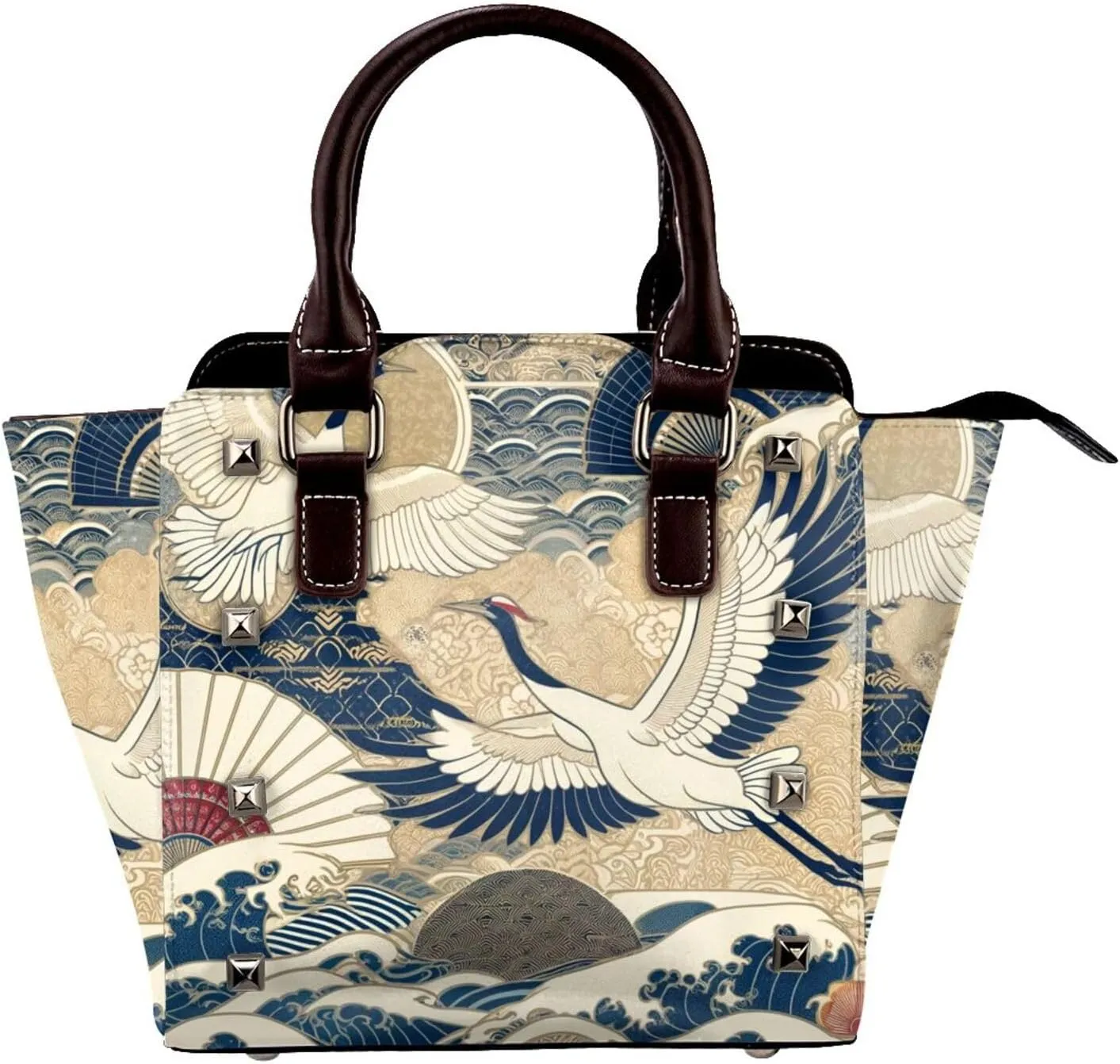 Japanese-Cranes-Longevity-Luck Pu Leather Crossbody Studded Bag, Fashionable Shoulder Handbag With Detachable Shoulder Strap