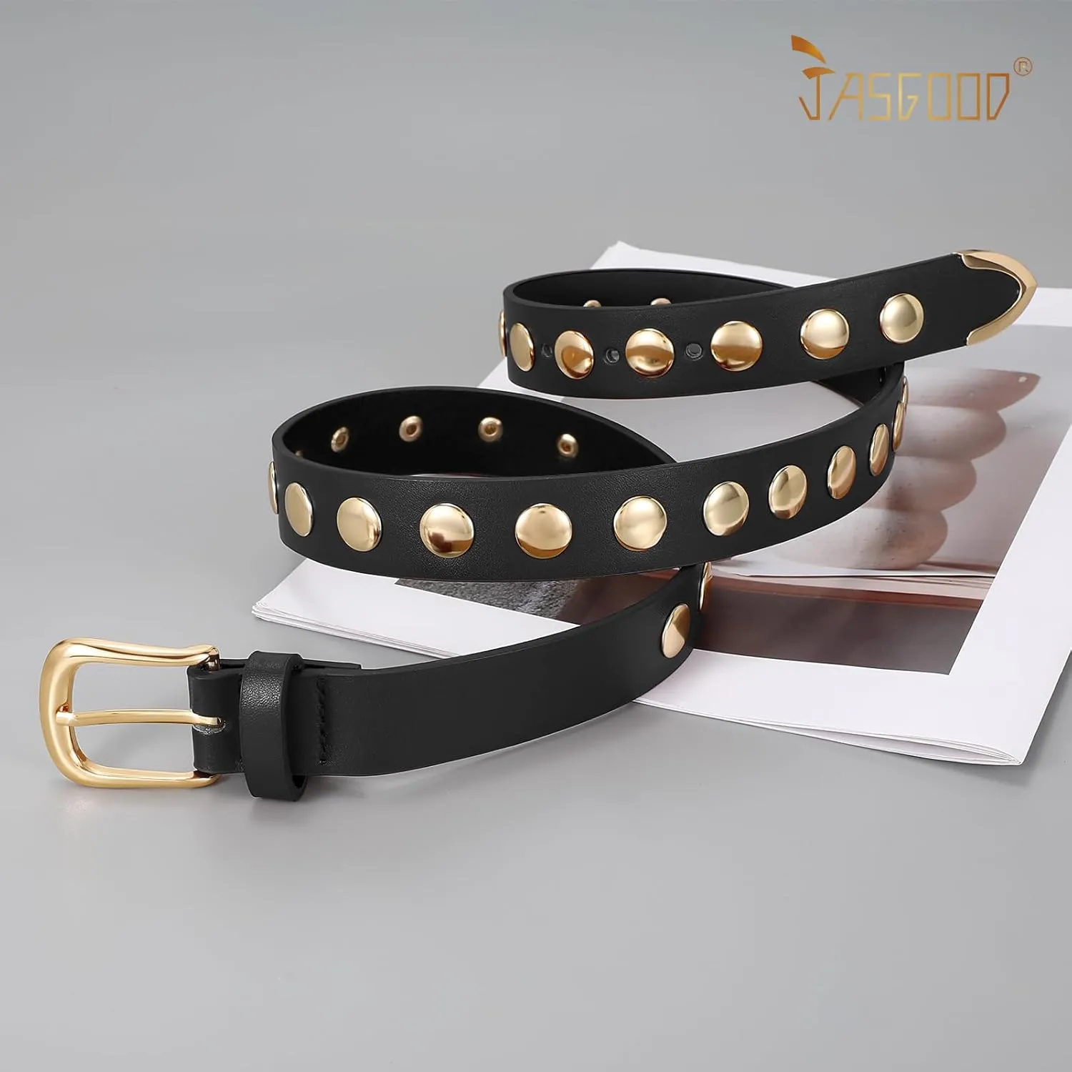 JASGOOD Women Fashion Leather Belt Punk Studded Belt for Jeans Pants Dresses