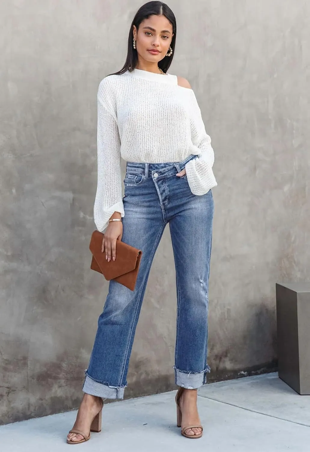 Jeans for Women Trendy High Waisted Corssover Boyfriend Jeans Distressed Stretchy Denim Pants