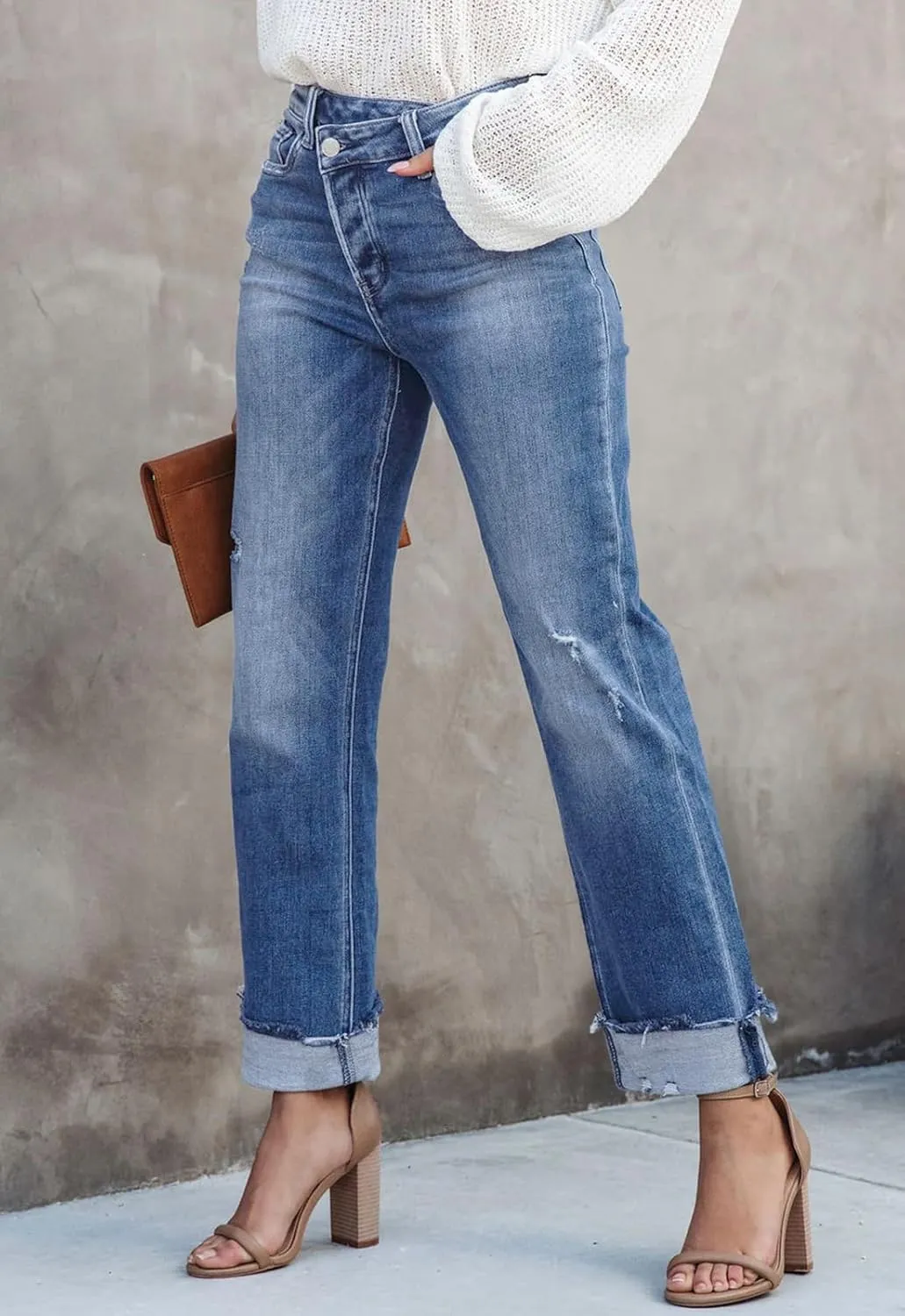 Jeans for Women Trendy High Waisted Corssover Boyfriend Jeans Distressed Stretchy Denim Pants