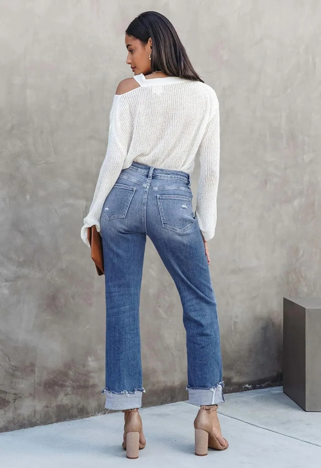 Jeans for Women Trendy High Waisted Corssover Boyfriend Jeans Distressed Stretchy Denim Pants