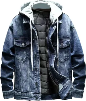 JEKE-DG Men's Distressed Denim Hoodie Jacket Button Up Washed Casual Jean Coat Long Sleeve Trucker Hooded Jackets