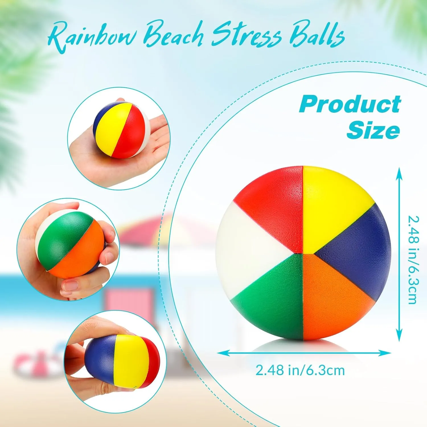 Jexine 100PCS Mini Beach Stress Balls Bulk 2.5" Rainbow Squeeze Mini Pool Balls Beach Stress Relief Toys for Girl Boy Birthday Summer Hawaiian Water Games Party Favor(Vibrant Color)