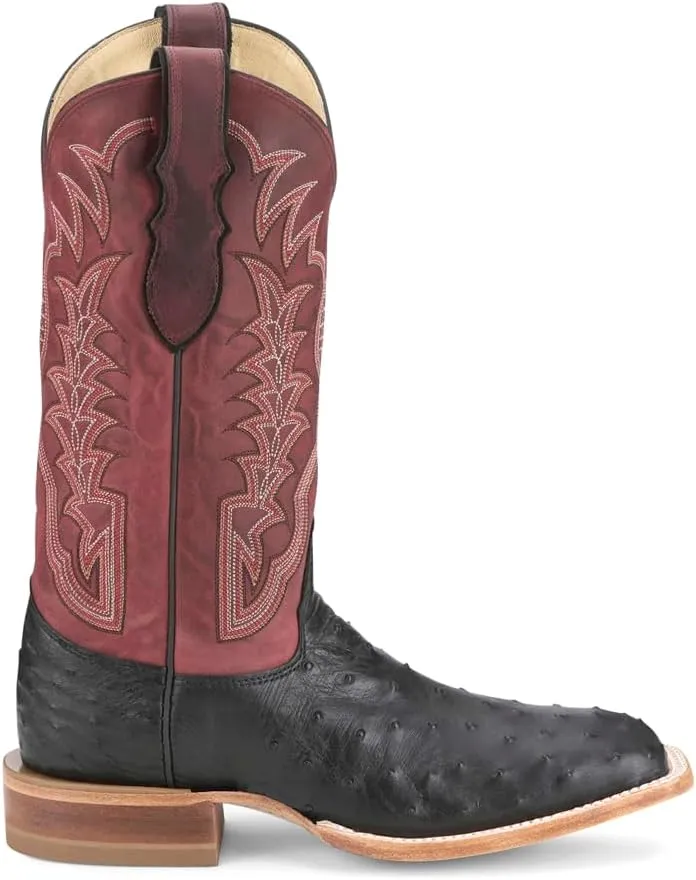 Justin Boots Mens Chisolm Full Quill Ostrich Embroidered Square Toe Pull On Dress Boots Mid Calf - Black, Red - Size 12 EE