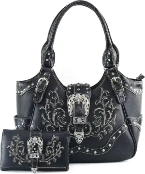 Justin West Concealed Carry Floral Embroidery Rhinestone Berry Concho Stud Purse
