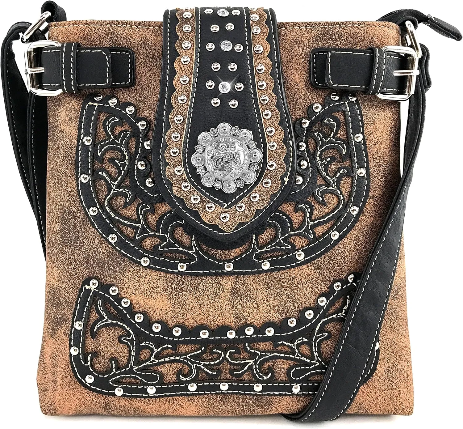 Justin West Concealed Carry Floral Embroidery Rhinestone Berry Concho Stud Purse