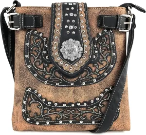 Justin West Concealed Carry Floral Embroidery Rhinestone Berry Concho Stud Purse