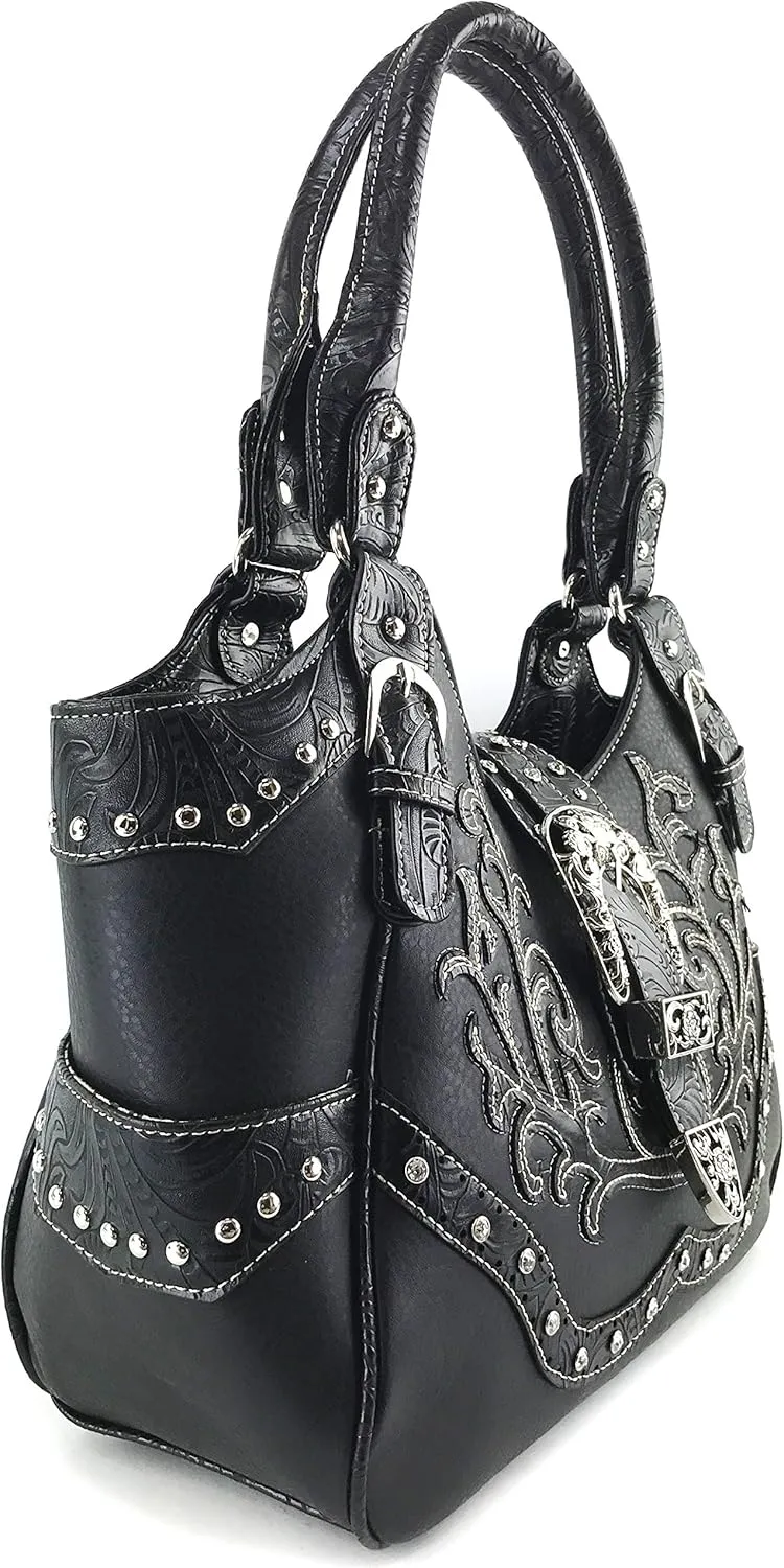 Justin West Concealed Carry Floral Embroidery Rhinestone Berry Concho Stud Purse