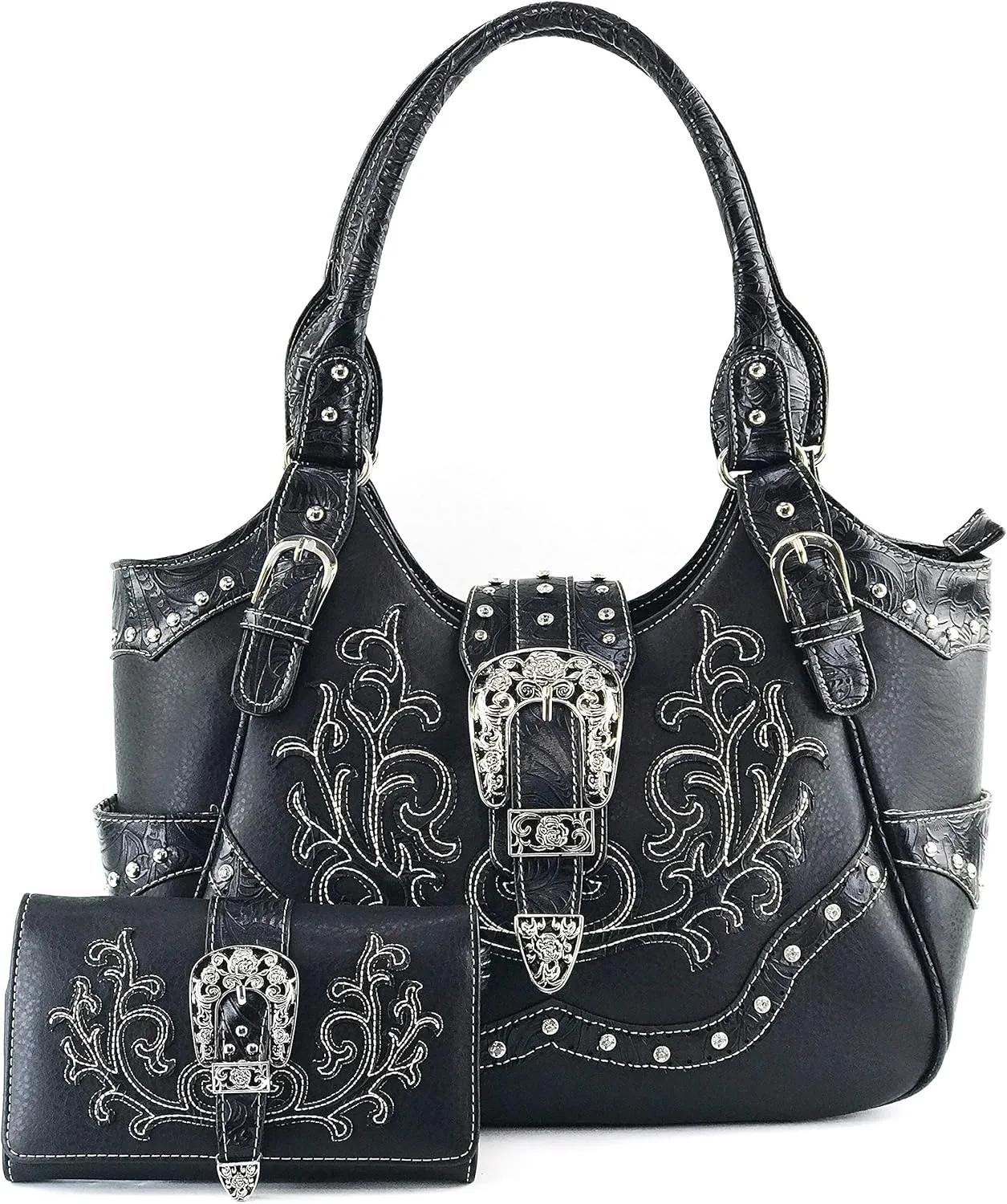 Justin West Concealed Carry Floral Embroidery Rhinestone Berry Concho Stud Purse