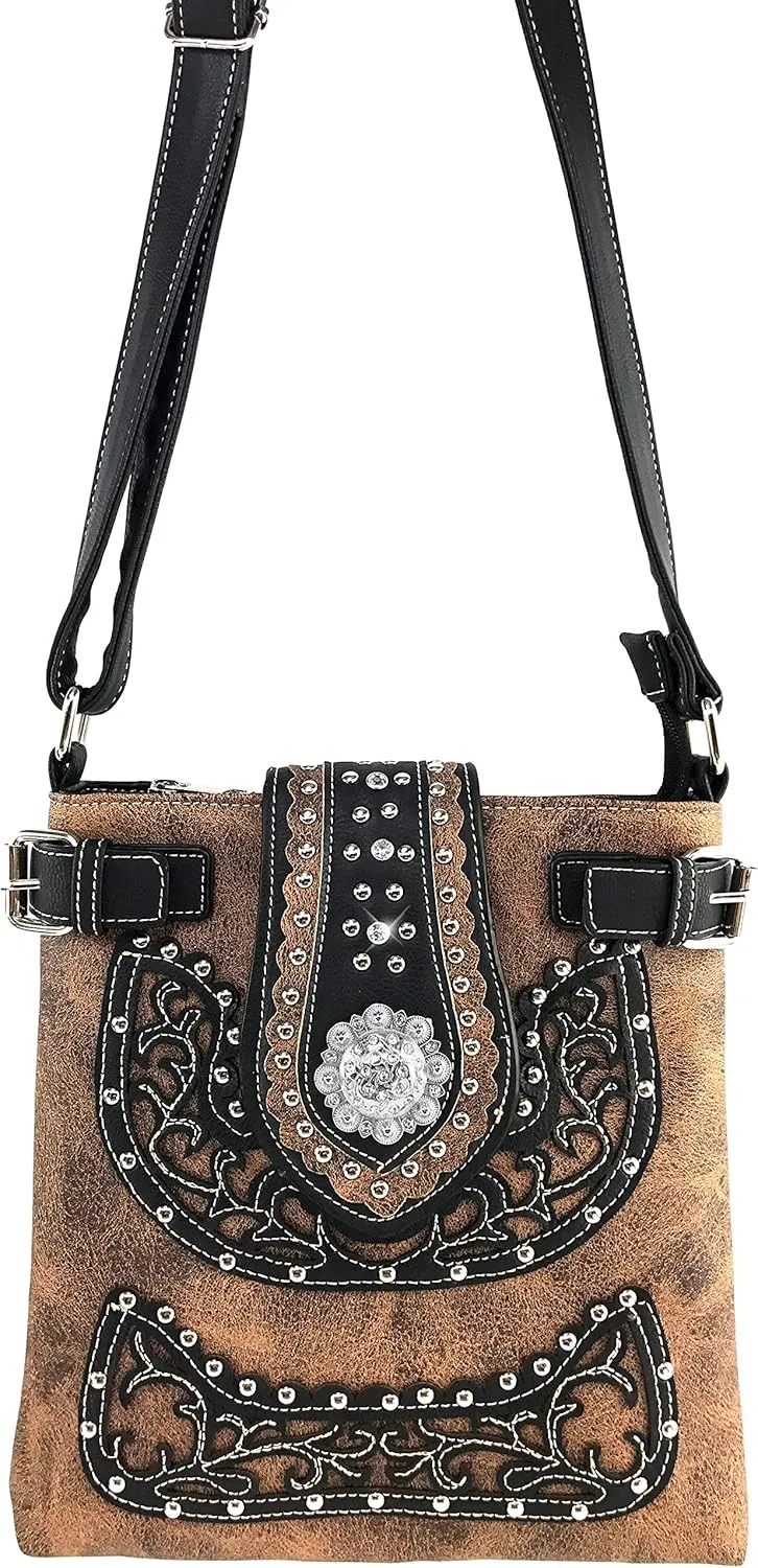 Justin West Concealed Carry Floral Embroidery Rhinestone Berry Concho Stud Purse