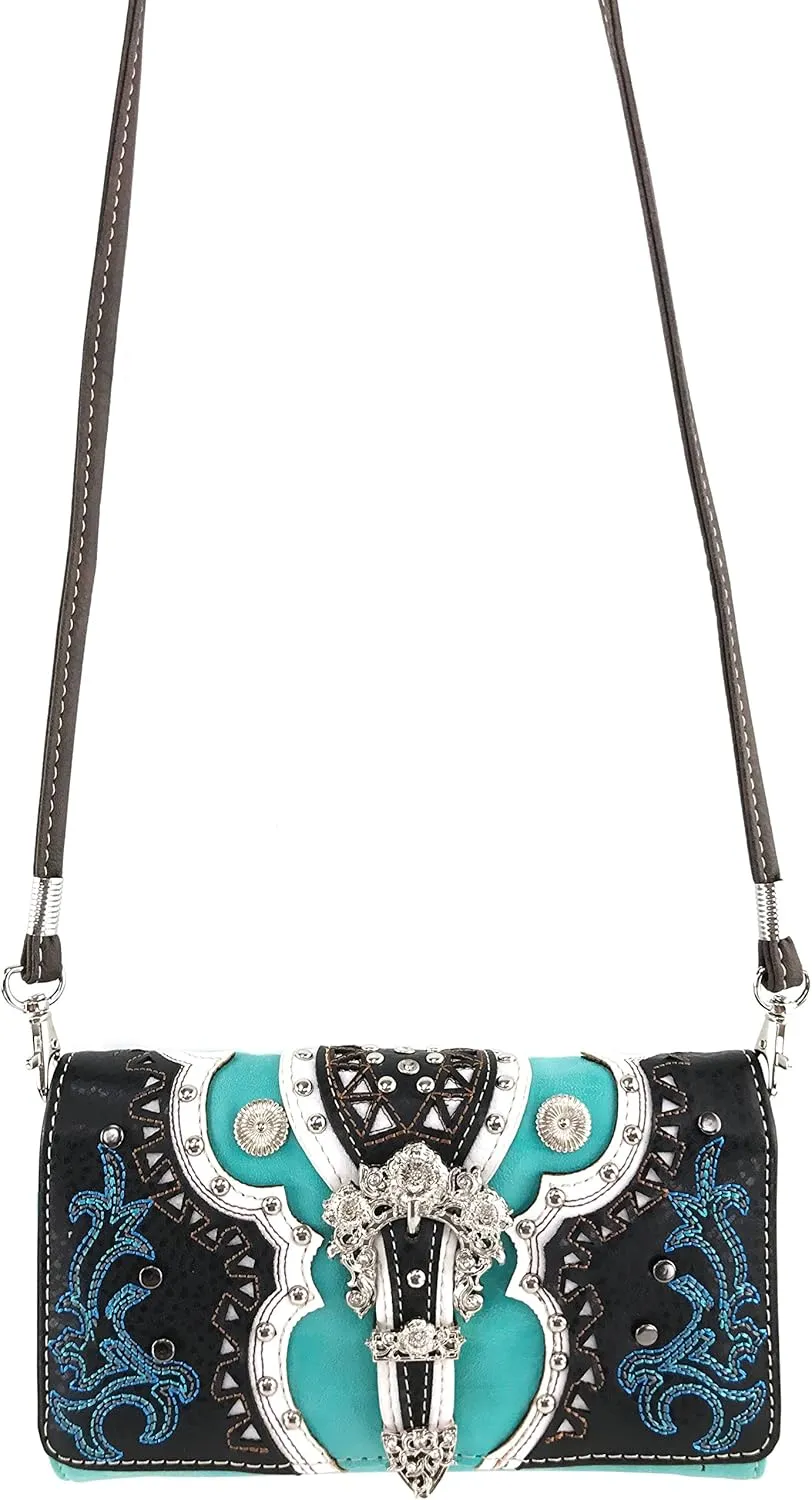 Justin West Concealed Carry Western Flower Buckle Embroidered Studded Messenger