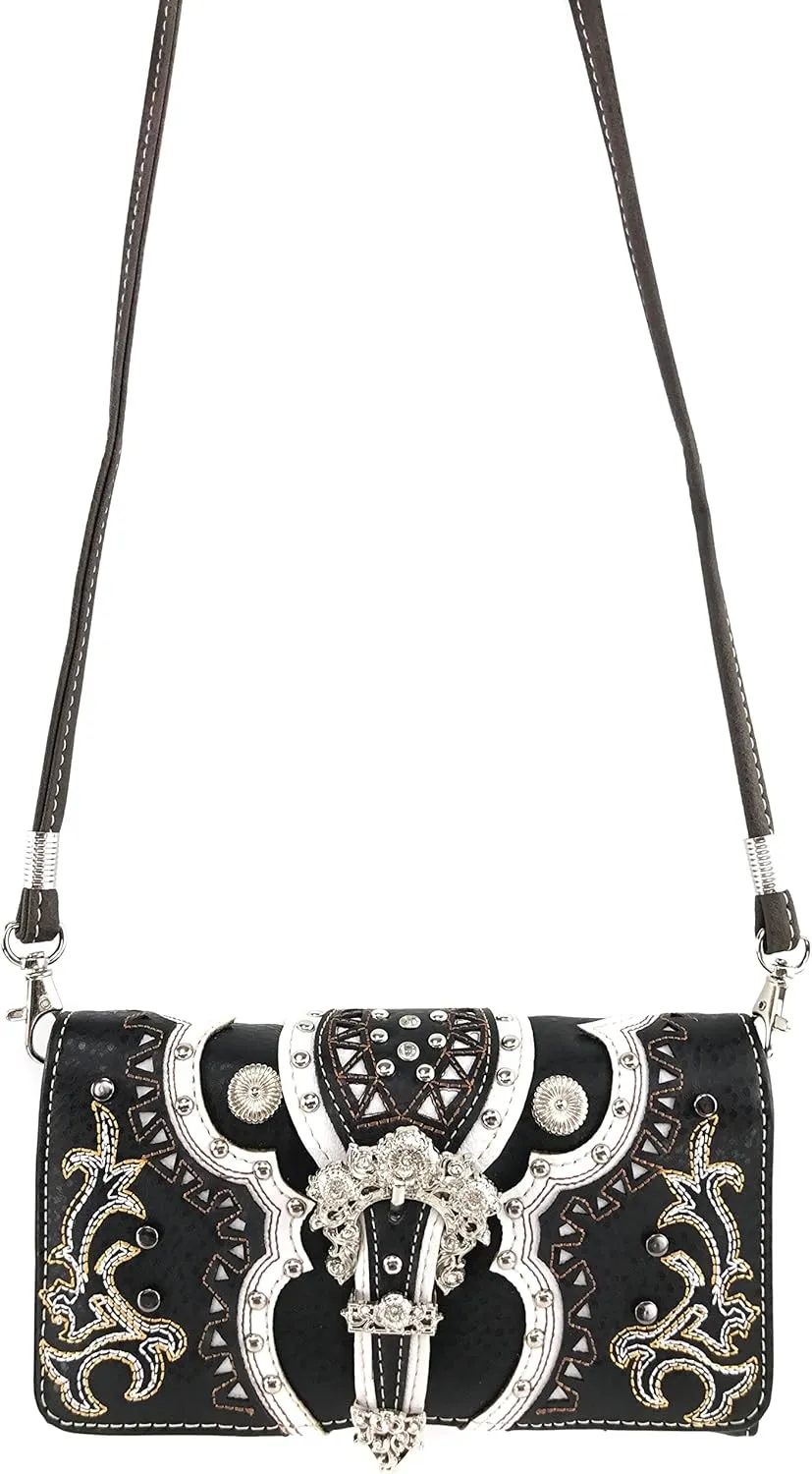 Justin West Concealed Carry Western Flower Buckle Embroidered Studded Messenger