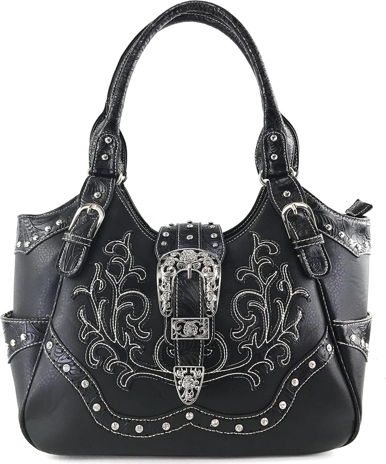 Justin West Tooled Floral Embroidery Buckle Studded Concealed Carry Tote Purse