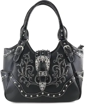 Justin West Tooled Floral Embroidery Buckle Studded Concealed Carry Tote Purse