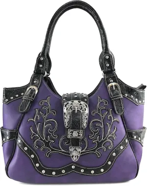 Justin West Tooled Laser Cut Leather Floral Embroidery Rhinestone Buckle Studded Shoulder Concealed Carry Tote Style Handbag Purse (Purple Purse)