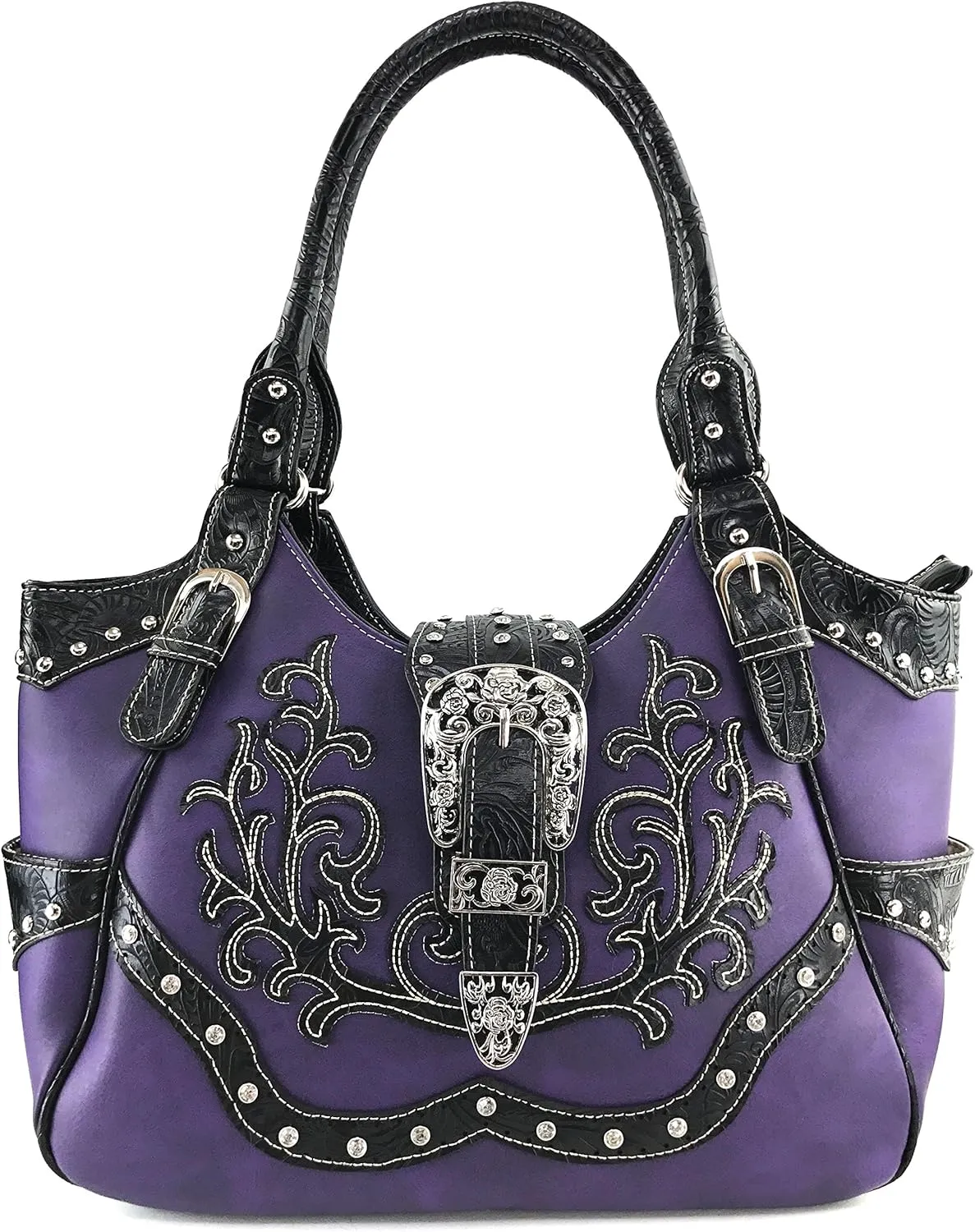 Justin West Tooled Laser Cut Leather Floral Embroidery Rhinestone Buckle Studded Shoulder Concealed Carry Tote Style Handbag Purse (Purple Purse)
