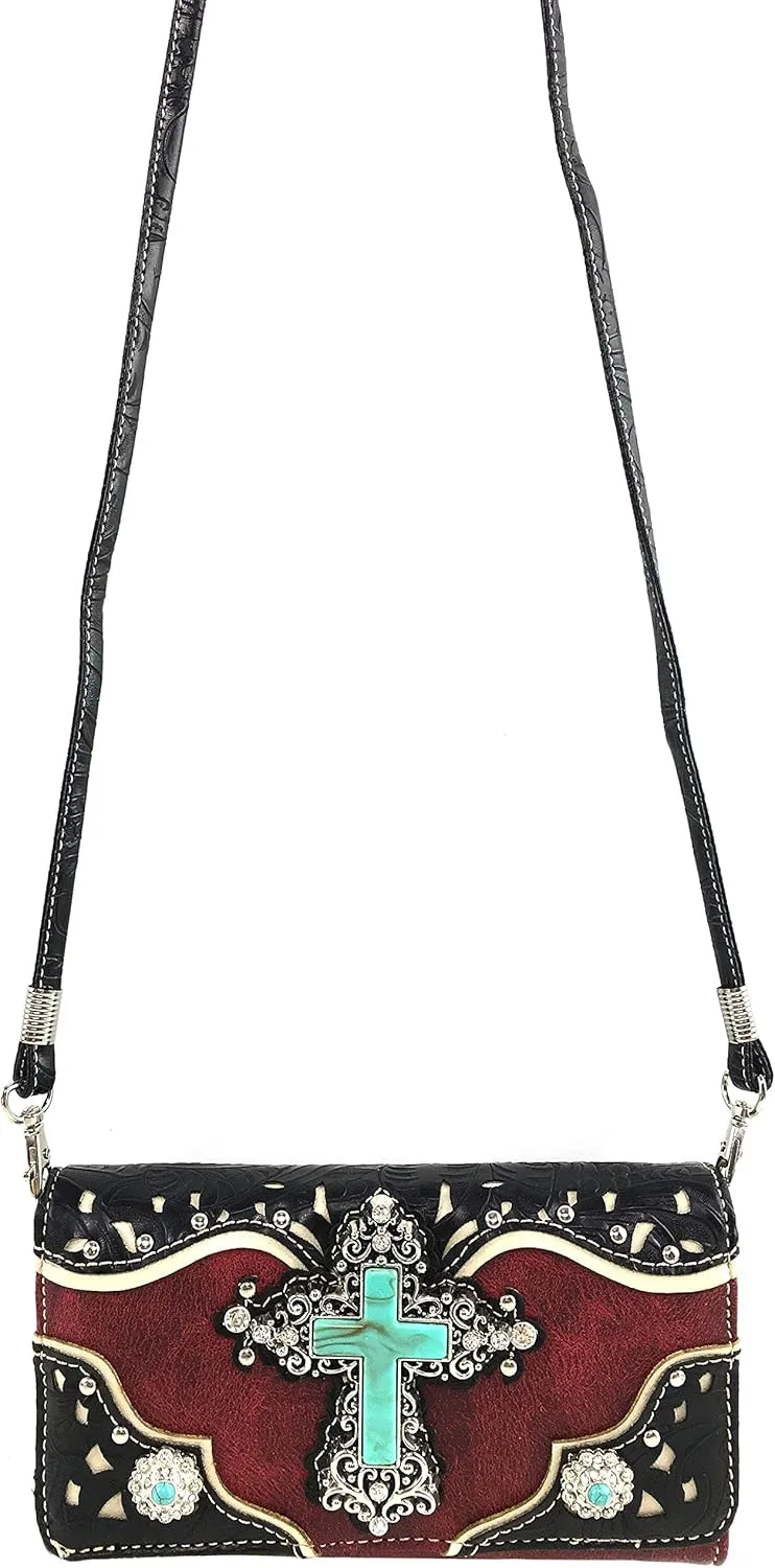 Justin West Tooled Leather Laser Cut Turquoise Rhinestone Cross Concho Studded Messenger Handbag with CrossBody Strap