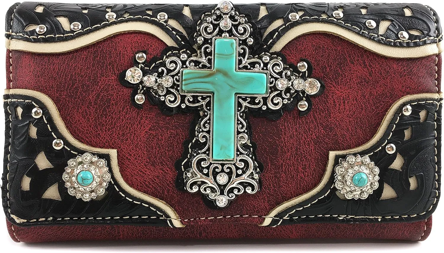 Justin West Tooled Leather Laser Cut Turquoise Rhinestone Cross Concho Studded Shoulder Tote Handbag Purse