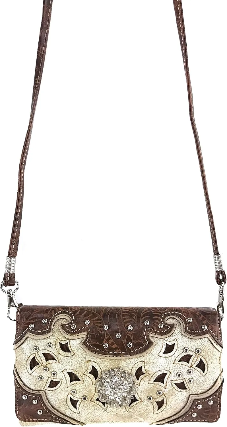 Justin West Tooled Leather Laser Cut Turquoise Rhinestone Cross Concho Studded Shoulder Tote Handbag Purse