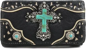Justin West Tooled Leather Laser Cut Turquoise Rhinestone Cross Concho Studded Shoulder Tote Handbag Purse