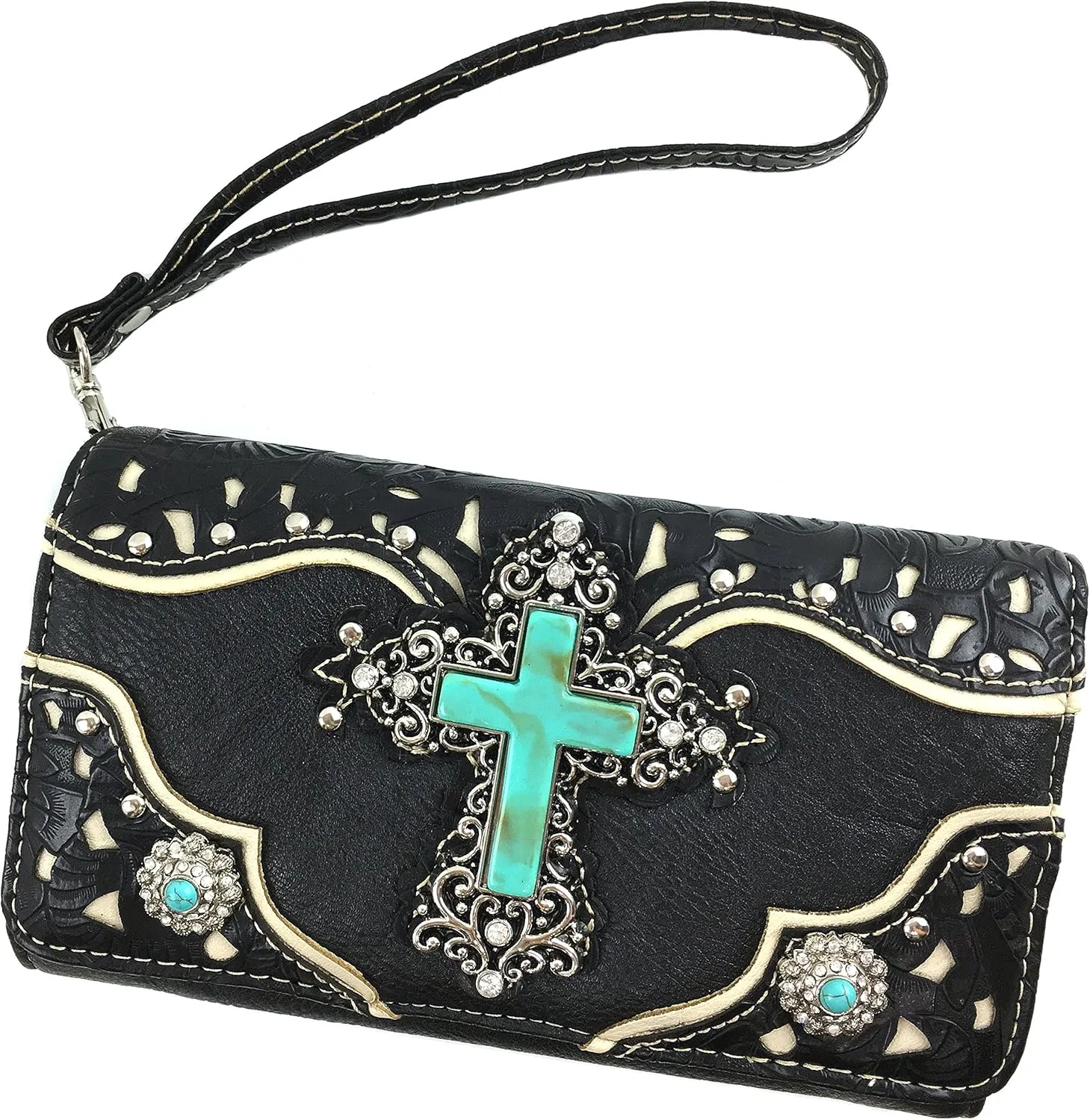 Justin West Tooled Leather Laser Cut Turquoise Rhinestone Cross Concho Studded Shoulder Tote Handbag Purse
