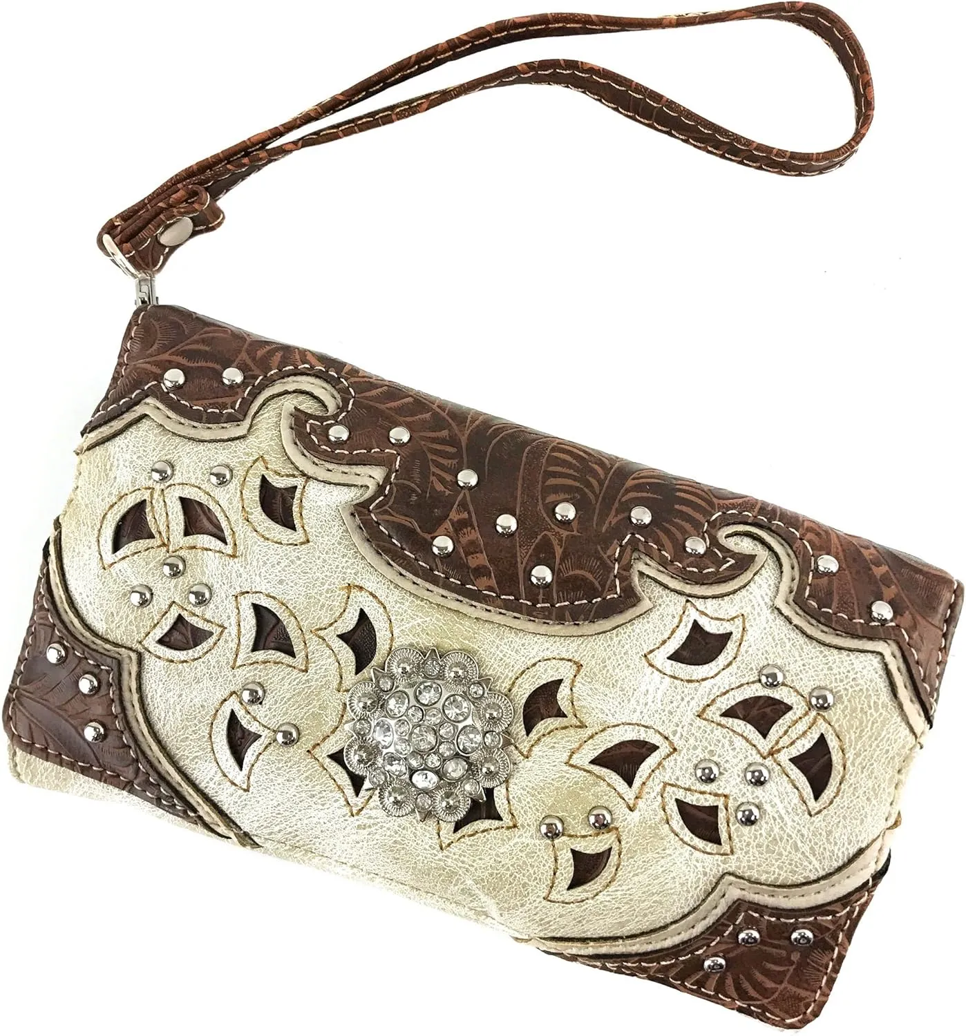 Justin West Tooled Leather Laser Cut Turquoise Rhinestone Cross Concho Studded Shoulder Tote Handbag Purse