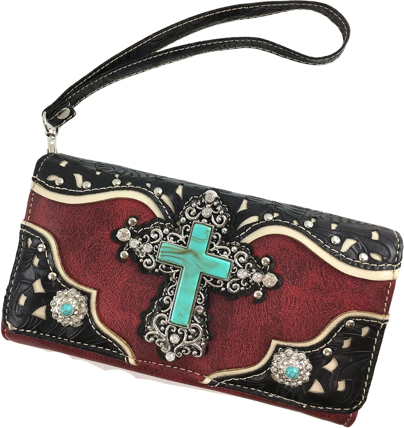 Justin West Tooled Leather Laser Cut Turquoise Rhinestone Cross Concho Studded Shoulder Tote Handbag Purse