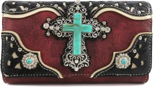 Justin West Tooled Leather Laser Cut Turquoise Rhinestone Cross Concho Studded Shoulder Tote Handbag Purse