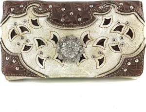 Justin West Tooled Leather Laser Cut Turquoise Rhinestone Cross Concho Studded Shoulder Tote Handbag Purse