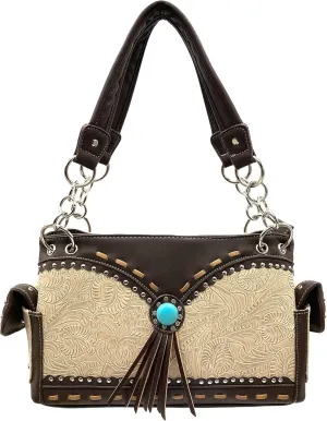 Justin West Tooled Western Leather Turquoise Stone Fringe Studded Shoulder Concealed Carry Handbag Purse