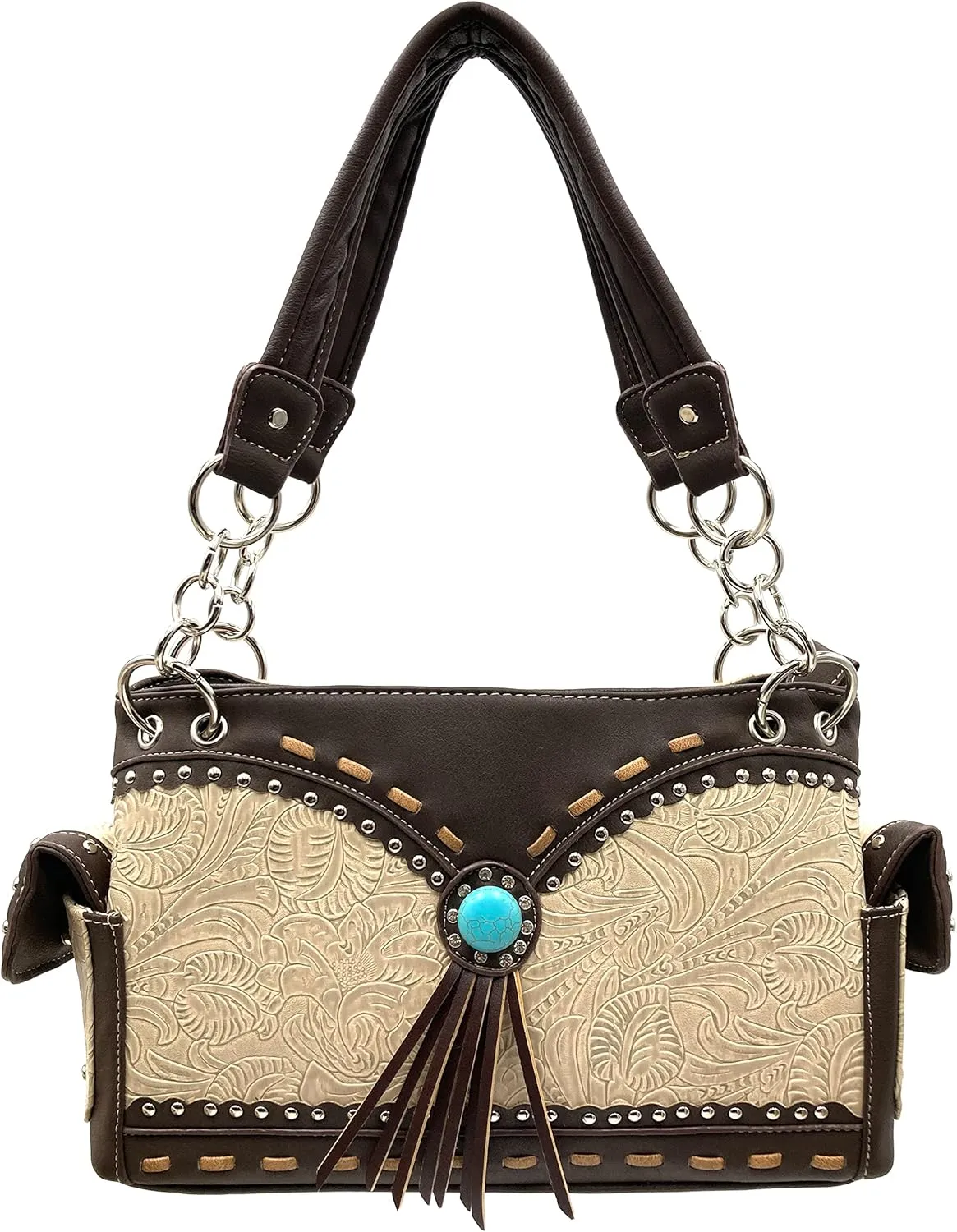 Justin West Tooled Western Leather Turquoise Stone Fringe Studded Shoulder Concealed Carry Handbag Purse
