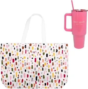 kate spade new york Canvas Tote Bag for Women in Painterly Strokes Bundle with 40 oz Stainless Steel Tumbler with Handle in Pink