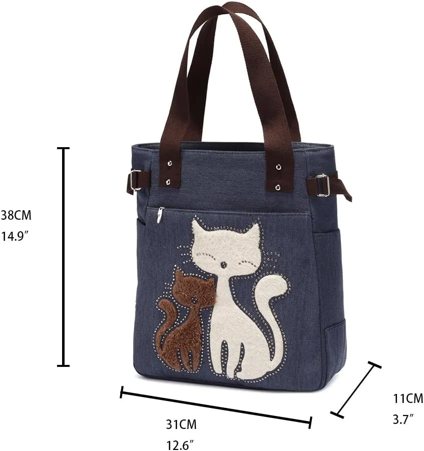 KAUKKO Women Canvas Handbag Shoulder Bag Cat Big Tote Bag(093-BLUE)
